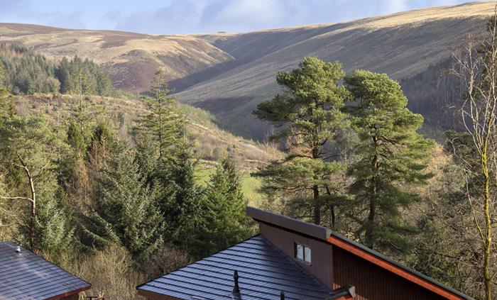 Valley views to the north, overlooking cabins at Garwnant.